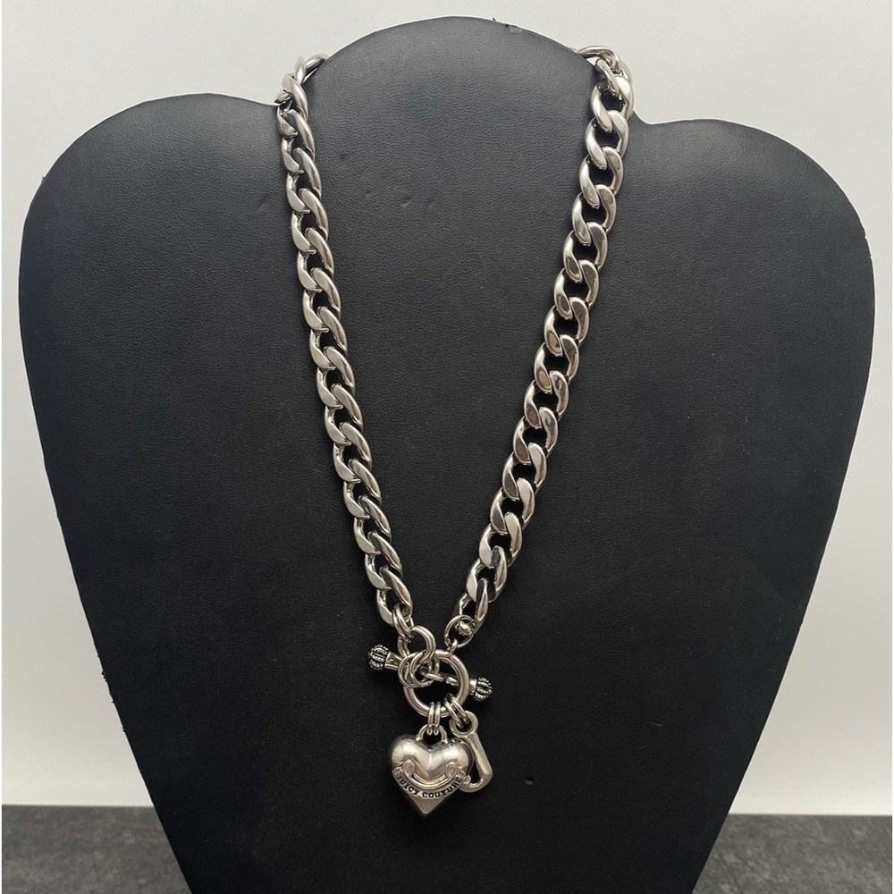 Juicy Couture Silver Toned Chunky Chain Necklace with Heart Padlock Charm